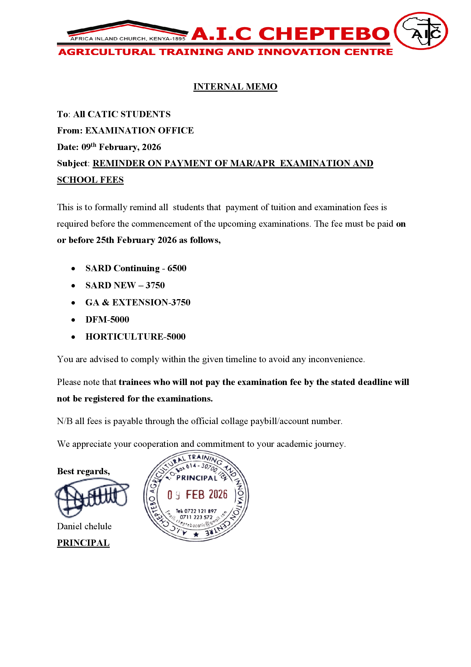 REMINDER ON PAYMENT OF MAR/APR EXAMINATION AND SCHOOL FEES